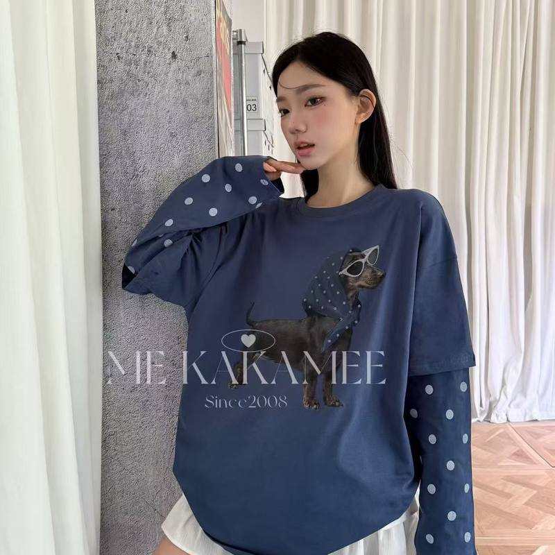 KAKAMEE秋款美式复古头巾腊肠狗撞色拼接假二件宽松大版长袖T恤女