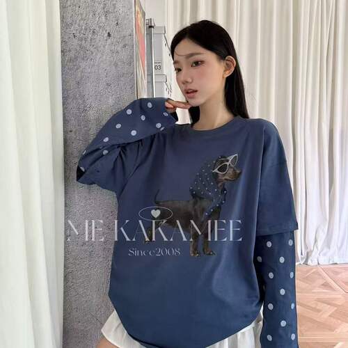 KAKAMEE秋款美式复古头巾腊肠狗撞色拼接假二件宽松大版长袖T恤女