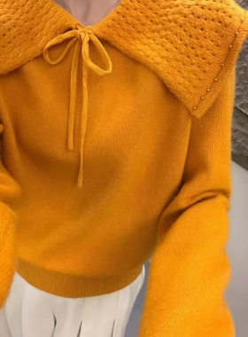 YZ网红保暖时尚2025秋冬新款减龄羊毛衫女系带娃娃领长袖宽松毛衣