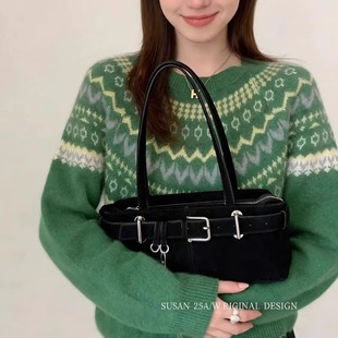 YZ100羊毛绿色费尔岛提花针织毛衣女2025年秋冬款 复古撞色羊毛衫