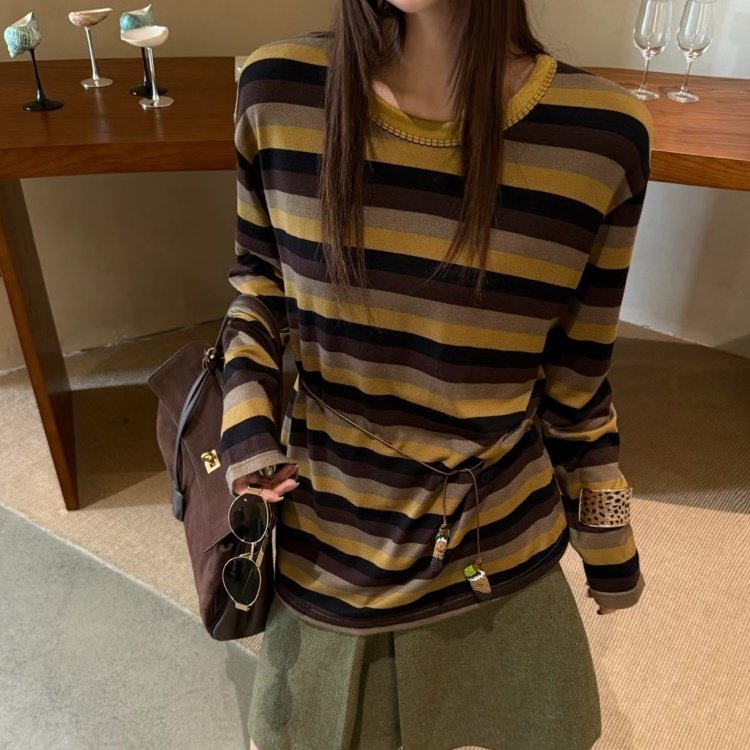 ZW卓娃正品美拉德条纹长袖T恤女26早秋花边圆领宽松打底上衣33552图片