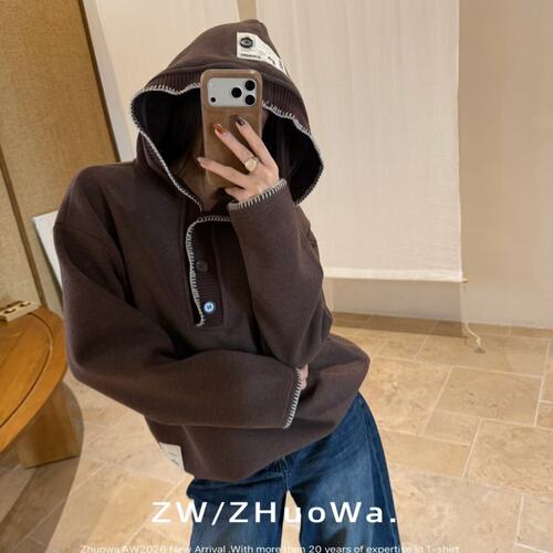 ZW卓娃正品韩系半开襟纽扣连帽内加绒女秋冬新宽松休闲卫衣35132