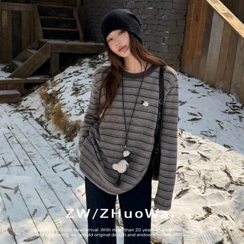 ZW卓娃正品韩系细条纹小羊刺绣+挂件女秋冬新品休闲百搭T恤33829