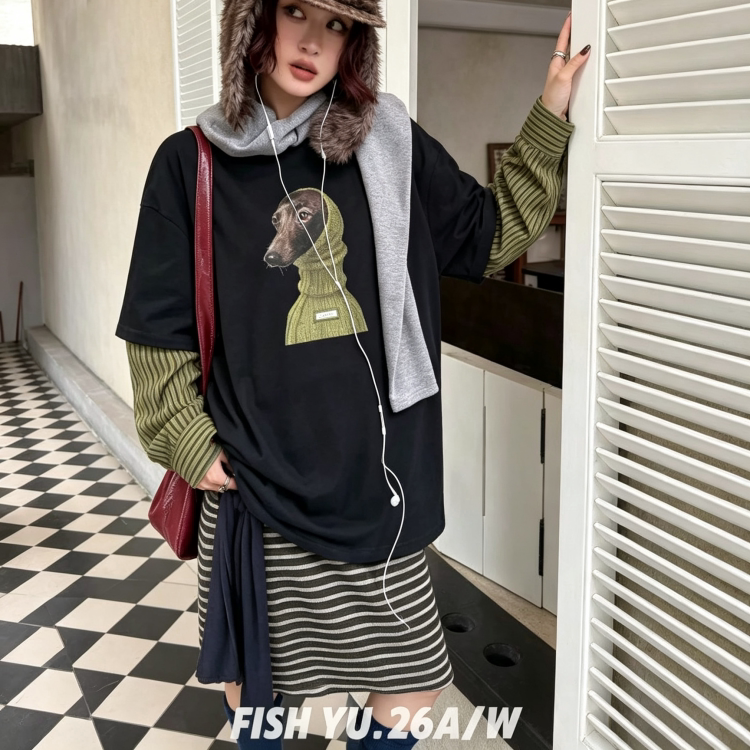 FISHYU套头腊肠狗印花短袖T恤女26秋款宽松大版美式复古叠穿上衣