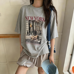 Eleven美式复古街景狗狗印花短袖t恤女2026夏季新款宽松慵懒上衣
