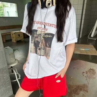 Eleven洗水短袖t恤女2026夏季新款美式复古人物印花宽松大版上衣