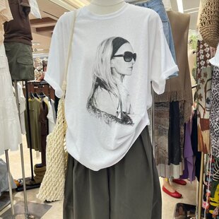 Eleven韩系复古素描墨镜美女印花短袖T恤女夏新宽松慵懒大版上衣