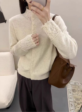 镂空钩花冬季女时尚立领单排扣开衫毛衣女上衣针织衫外套浣熊绒YZ