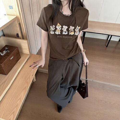 韩系卡通小狗印花短款正肩T恤女早秋新款修身显瘦百搭短袖上衣YH