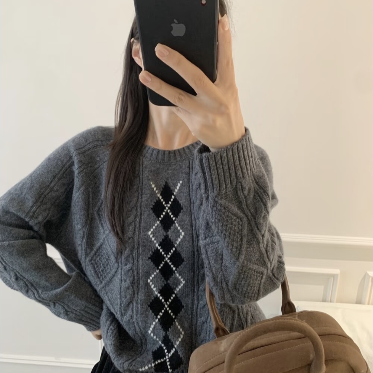 CC全羊毛100%秋冬新款灰色羊毛衫毛衣女费尔岛加厚保暖菱格针织衫