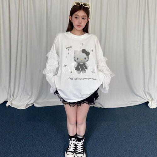 KAKAMEE秋款美式复古KT彩喷蕾丝拼接设计感圆领宽松长袖T恤上衣女