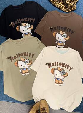 FISHYU短袖t恤女2026新款夏季韩系可爱Kitty印花宽松慵懒风上衣