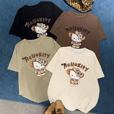 FISHYU短袖t恤女2026新款夏季韩系可爱Kitty印花宽松慵懒风上衣