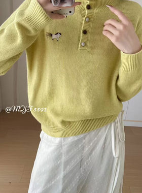 高端欧货冬季新款时尚减龄卡通刺绣翻领半纽扣羊毛针织衫上衣MYF