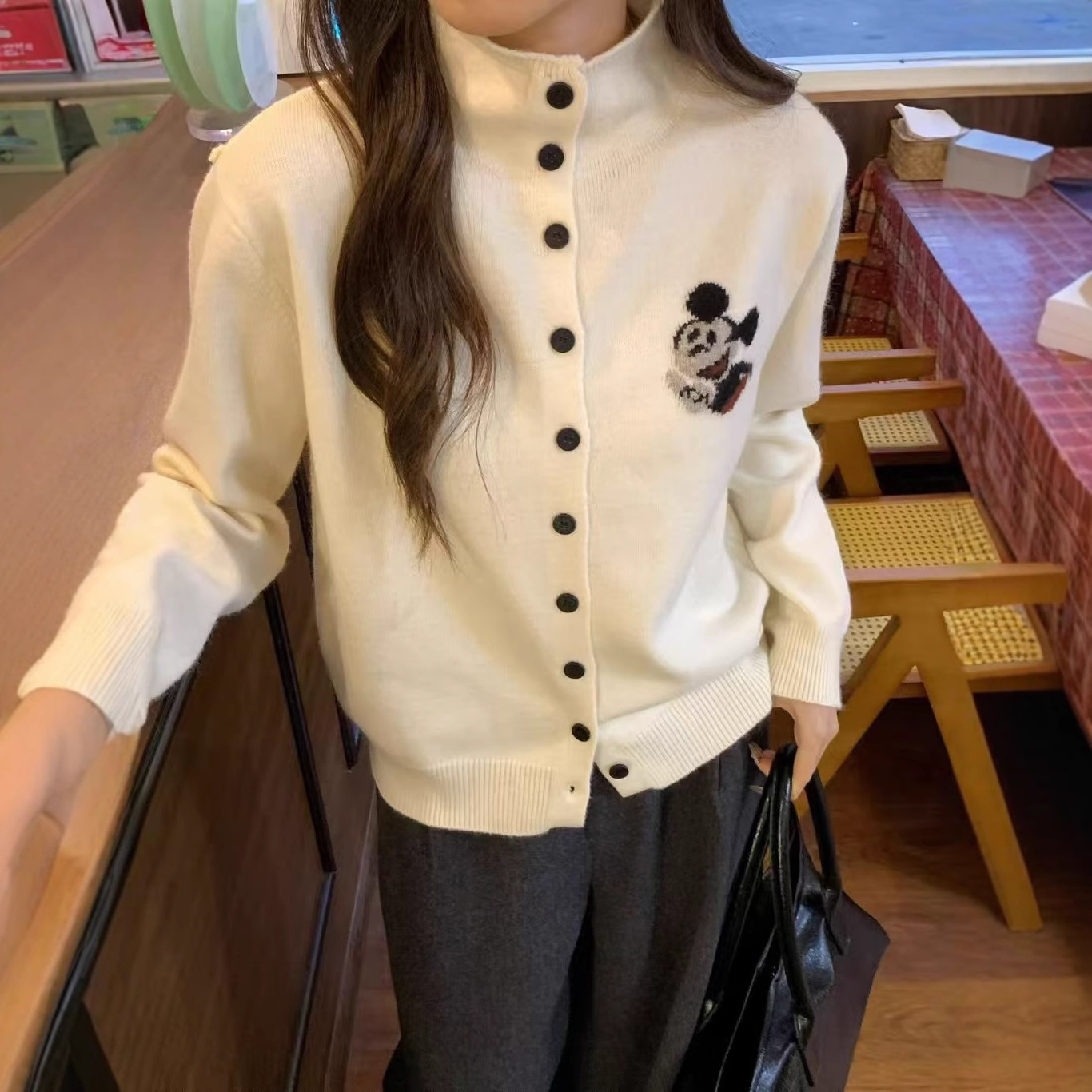 CC2025秋冬新款高领卡通米奇后背提花羊毛针织开衫毛衣女时尚百搭