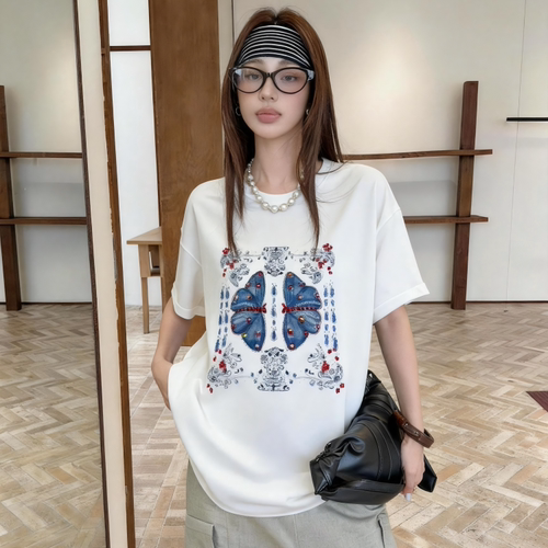 MTO十三行韩系博主款重工钉珠蝴蝶短袖t恤女2026新款夏季宽松上衣
