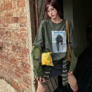 秋款韩版泰迪狗狗印花长袖T恤女宽松条纹拼接慵懒叠穿上衣FISHYU