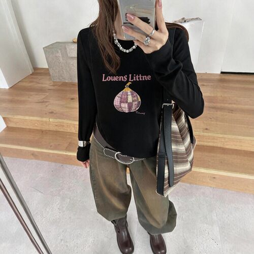 韩系26无花果印花正肩长袖T恤女早秋新款修身显瘦百搭短袖上衣YH