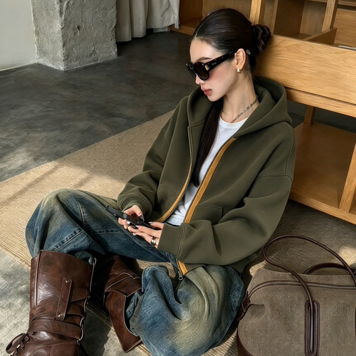 设计感撞色拉链连帽卫衣外套女2026秋冬新款简约休闲百搭开衫HW