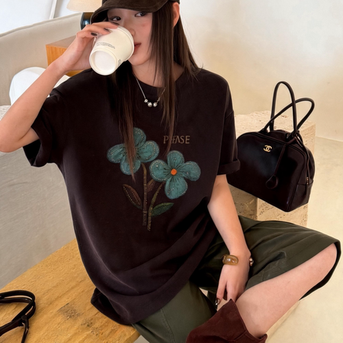 ZW卓娃正品复古刺绣花朵短袖T恤女26早秋字母宽松大版慵懒风上衣