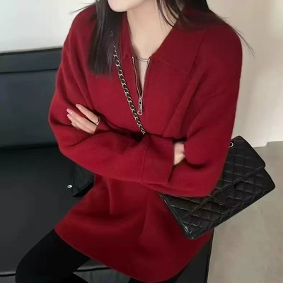 韩系Polo领中长款羊绒衫女秋冬宽松半拉链羊毛针织毛衣女外套加厚