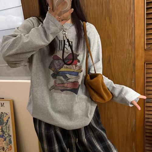 Eleven复古堆叠衣服印花长袖T恤女26秋款宽松圆领慵懒风打底上衣
