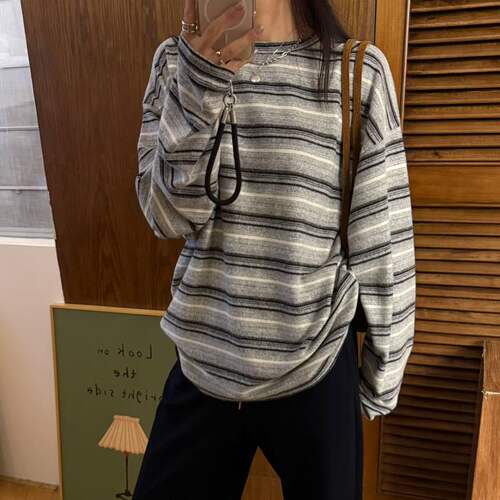 Eleven复古做旧灰条纹磨毛长袖T恤女宽松慵懒风撞色软糯打底上衣