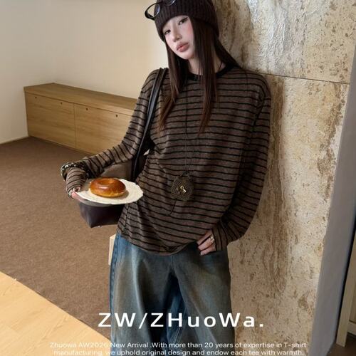 ZW卓娃正品复古条纹长袖T恤女撞色圆领慵懒风宽松打底衫上衣33767