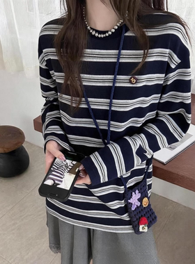 ZW秋款韩系圆领配包包复古撞色条纹宽松中长款长袖T恤女