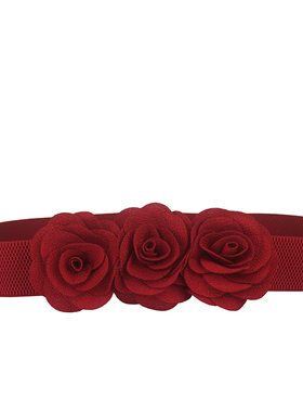 2025喜庆百搭连衣裙窄弹力松紧腰带女手工花朵装饰腰封裙带红色