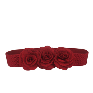 2025喜庆百搭连衣裙窄弹力松紧腰带女手工花朵装 饰腰封裙带红色