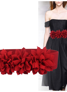 夏季优雅时尚百搭花朵弹力松紧腰带女装饰婚礼服连衣裙子皮带红色