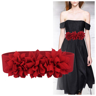 饰婚礼服连衣裙子皮带红色 百搭花朵弹力松紧腰带女装 夏季 优雅时尚