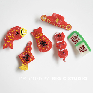 新年款福字发财发夹财神福到喜庆过年红侧边刘海夹可爱少女鸭嘴夹