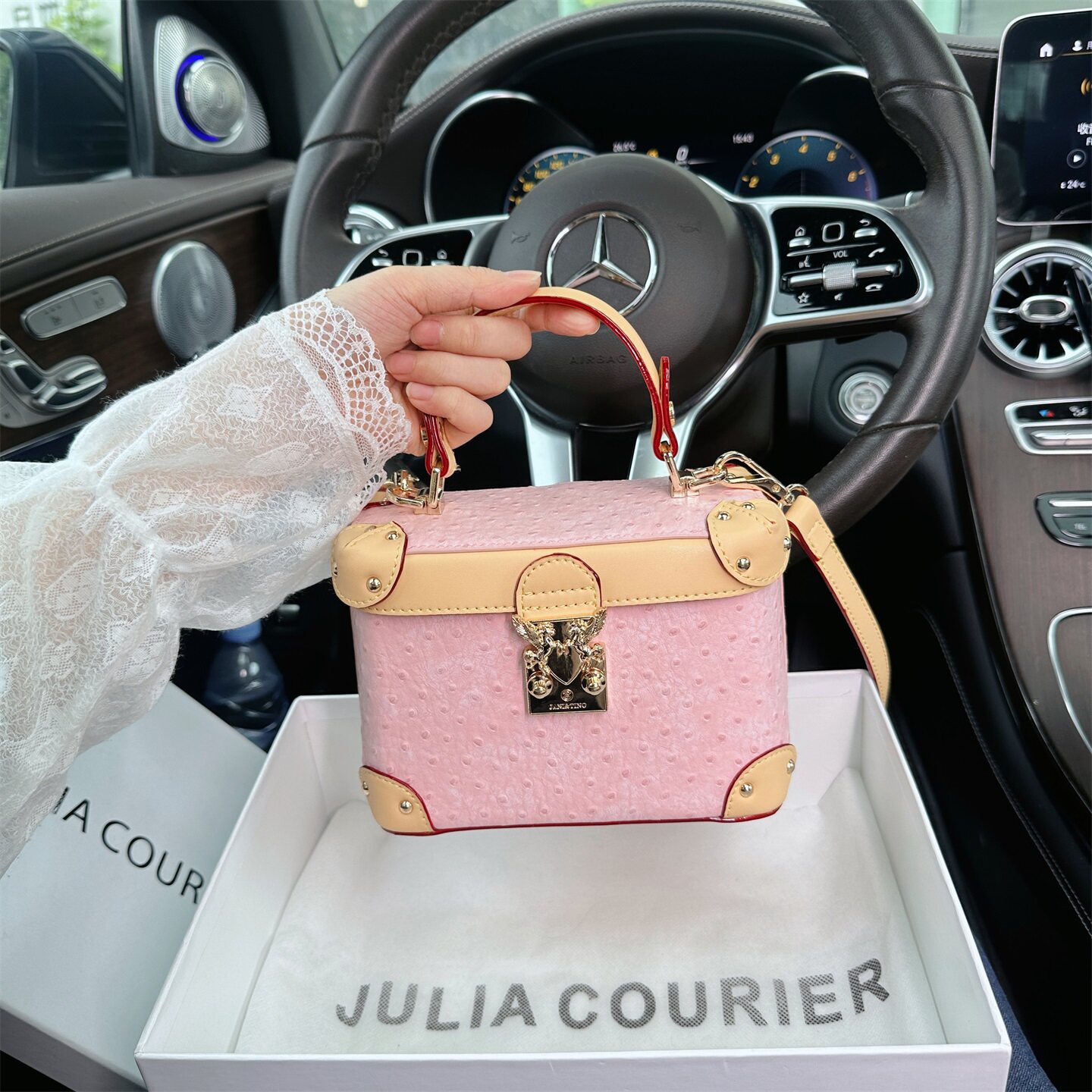 JULIA COURIER女包驼鸟纹小方包包女2026新款单肩斜挎手提盒子包
