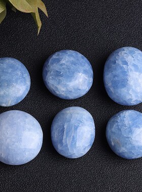 天然水晶天青石把玩件 原石打磨蓝晶石手把件椭圆形摆件