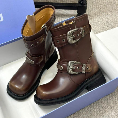 赵昭仪同款美拉德短靴女新款复古擦色西部牛仔靴内增高中筒马丁靴