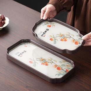国风柿柿如意茶盘高硼硅玻璃耐热耐烫托盘壶承干泡盘户外旅行家用