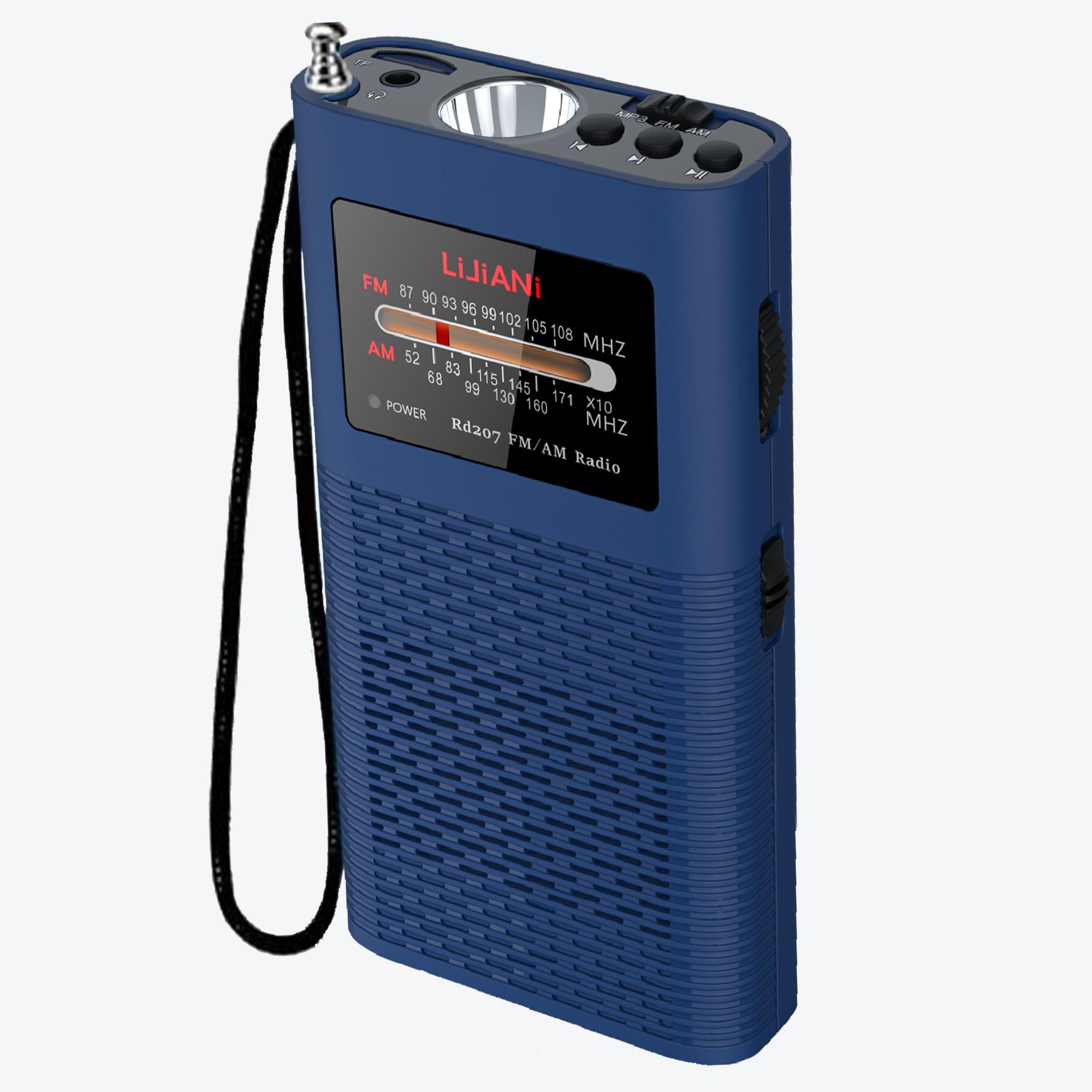 TF207便携式迷你AM/FM/TF卡收音机MP3播放应急手电筒18650大电池