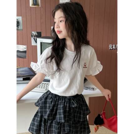 甜美女孩木耳边上衣2026新款洋气女童夏装短袖T恤气质童装衣服