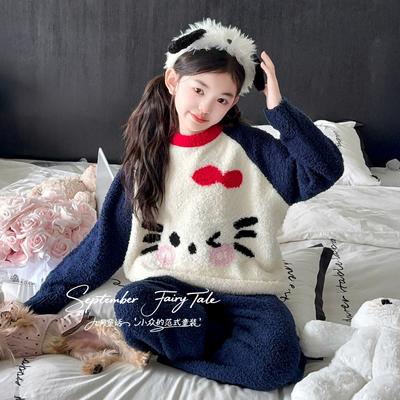 女童睡衣冬珊瑚绒2025新款儿童女孩加厚家居服大童可外穿保暖套装