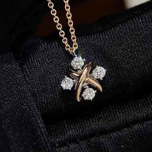 Lynn项链交叉X培育钻石项链吊坠18K彩金真金真钻十字四叶草项链女