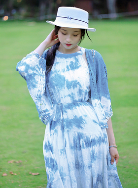 民族风草原海边度假大理纯手工扎染蓝色吊带连衣裙夏季大摆裙长裙