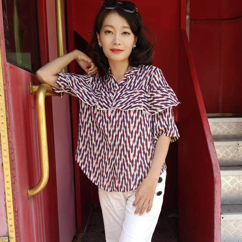 新款条纹中袖雪纺衫上衣女宽松遮肚百搭时尚御姐范小众设计感