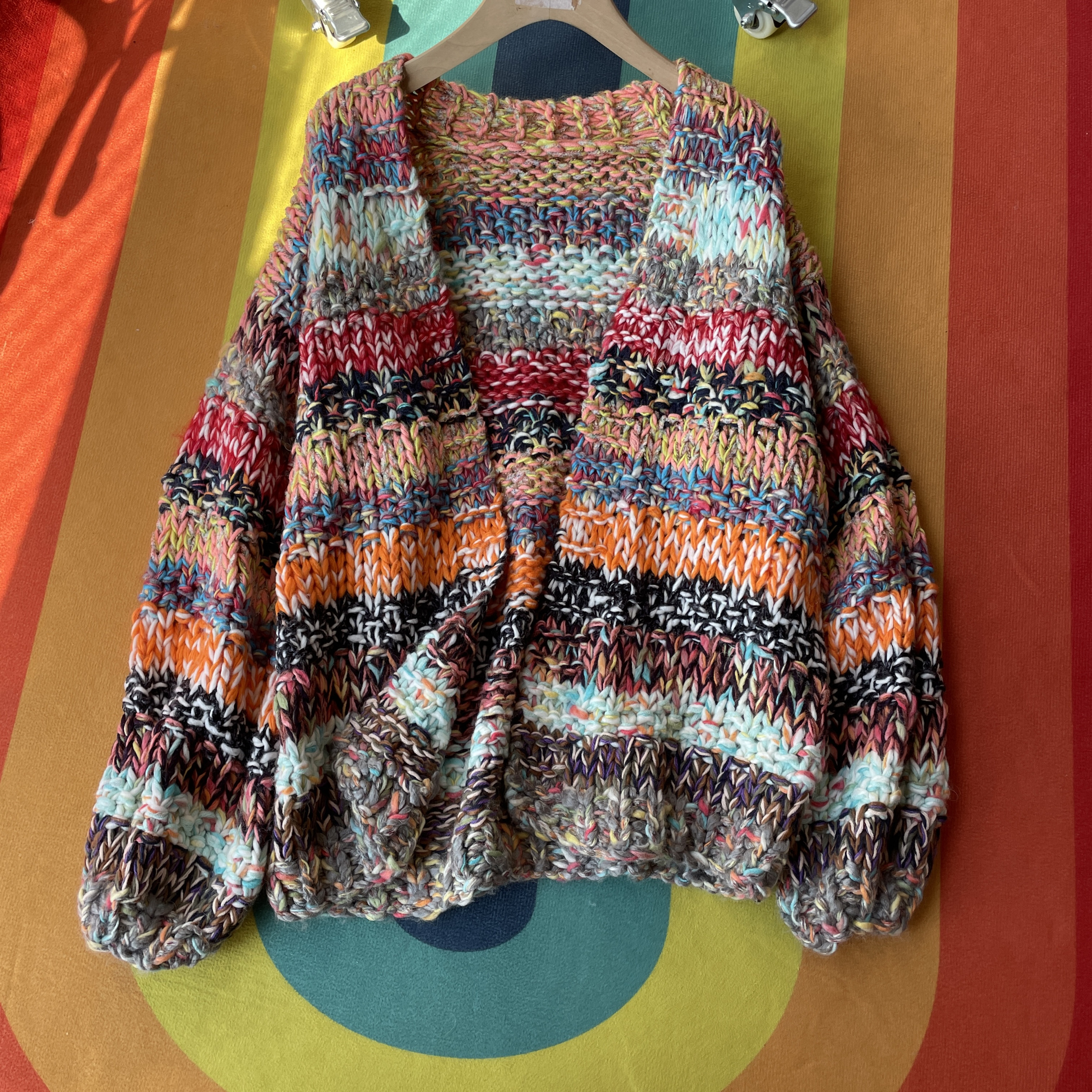 73号-毛衣开衫宽松条纹复古长款慵懒风秋冬新款手勾棒针毛衣女