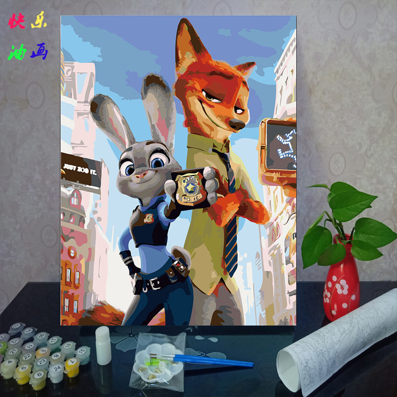 diy数字油画动漫疯狂动物城朱迪尼克手工填色油彩装饰画 兔子狐狸
