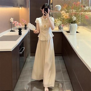 夏季 搭配一整套干练气质轻奢高级感超火新中式 国风杏色盘扣套装 裤