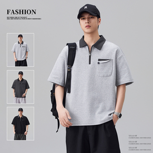 夏季 实拍2026新款 男士 潮流半拉链POLO衫 撞色翻领上衣T恤 美式