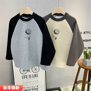 2025冬男女童机器人插肩袖 大E小e童装 衫 加绒长袖 T恤5060 儿童韩版