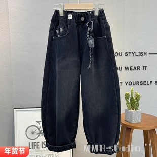 大E小e童装 儿童韩版加绒牛仔裤2025冬款男女童洋气老爹裤潮66655